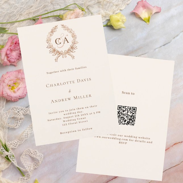 Invitation Monogramme en crête beige QR code RSVP mariage (Créateur téléchargé)