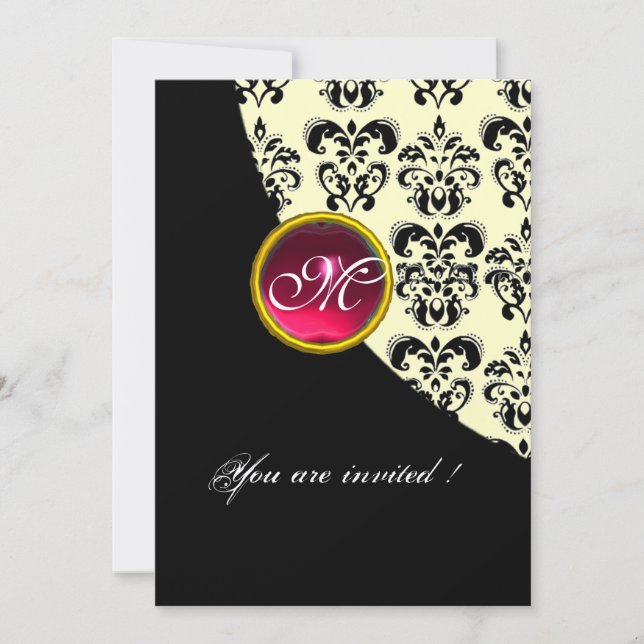 Invitation MONOGRAMME EN DAMAS NOIR ET OR, rubis rouge, fuchs (Devant)