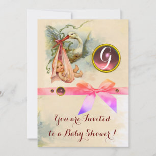 INVITATION MONOGRAMME EN PIERRE ROSE BABY SHOWER DE FILLE EN