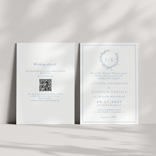 Invitation Monogramme feuille Crest Dusty bleu QR Code Mariag