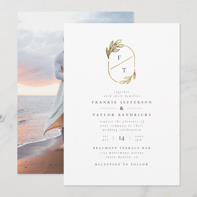 Invitation Monogramme feuille or chic | Photo Mariage minimal (Devant / Derrière)