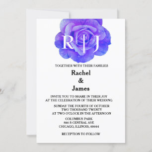 Invitation Monogramme Floral Bleu Fleurs Roses Élégant Mariag