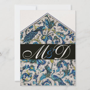INVITATION MONOGRAMME FLORAL BLEU FLORENTINE ANTIQUE ÉLÉGANT