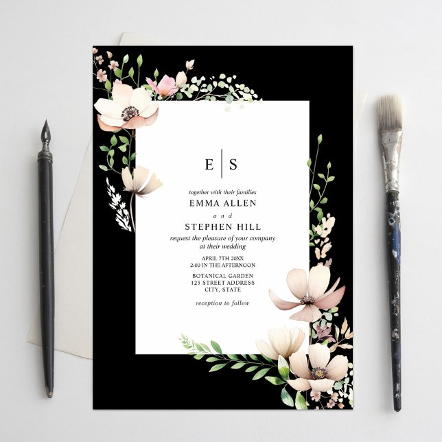 Invitation Monogramme Floral Blush Black Botanique Mariage (Créateur téléchargé)
