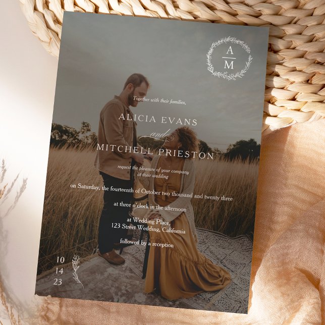 Invitation monogramme floral chic classique photo mariage bla (Créateur téléchargé)