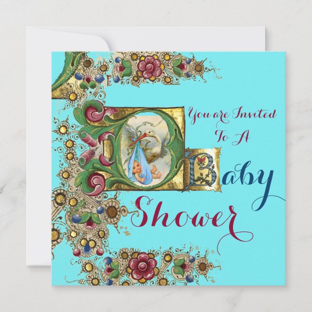INVITATION MONOGRAMME FLORAL DU BABY SHOWER DE GARÇON BLEU GO (Devant)