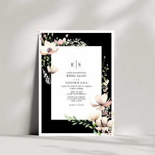 Invitation Monogramme Floral noir & blanc Mariage botanique