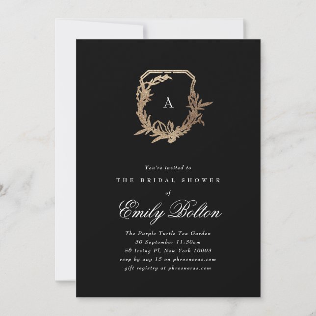 Invitation monogramme floral noir & or crête nuptiale douche (Devant)