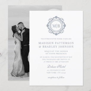 Invitation Monogramme Floral Orné Mariage Élégant Argent