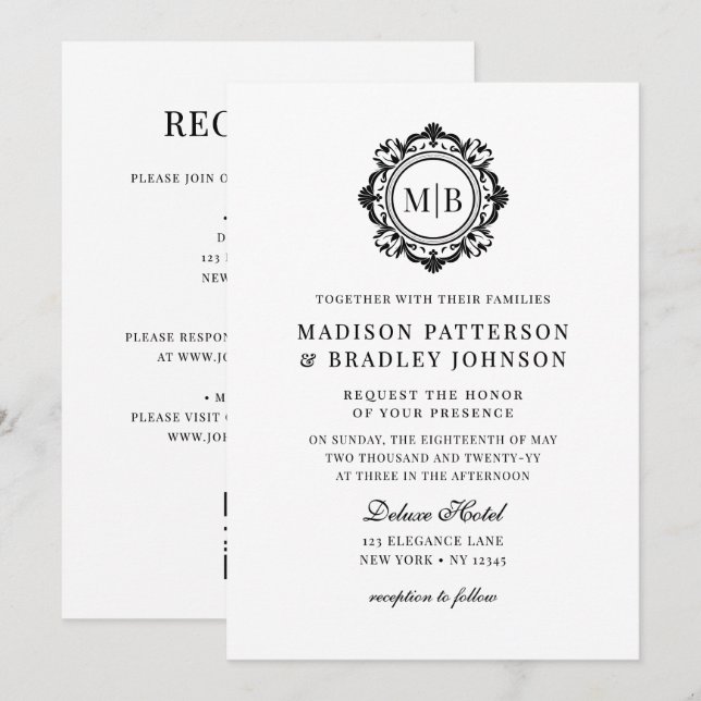 Invitation Monogramme Floral Orné Mariage Élégant noir blanc (Devant / Derrière)