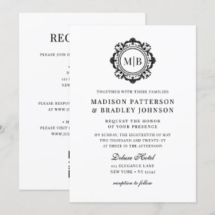 Invitation Monogramme Floral Orné Mariage Élégant noir blanc