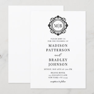 Invitation Monogramme Floral Orné Mariage Élégant noir blanc
