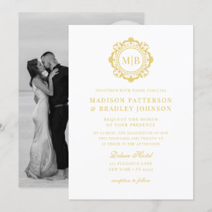 Invitation Monogramme Floral Orné Mariage Élégant Or Blanc
