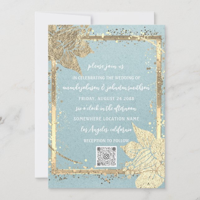 Invitation Monogramme Floral Photo Gold Frame QRCode Blue Kra (Devant)