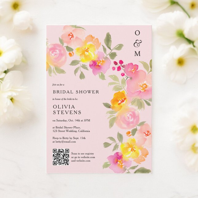 Invitation monogramme floral Qr code photo rose nuptiale douc (Floral monogram Qr code photo pink bridal shower Invitation)