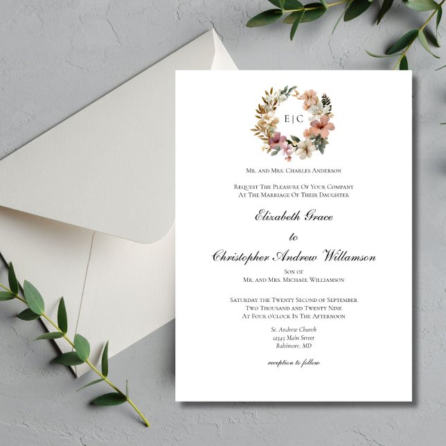 Invitation Monogramme Floral Traditionnel Mariage formel élég (Floral Monogram Crest elegant traditional minimalist classic wedding invitation. Printed or Digital)