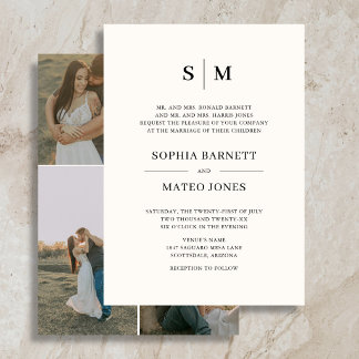 Invitation Monogramme Formel Classique 4 Photo Mariage Ivoire