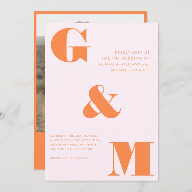 Invitation Monogramme géant Ampersand Peach orange rose Maria (Devant / Derrière)