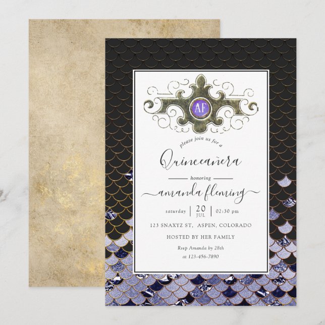 Invitation Monogramme Gemstone Mermaid Quinceañera (Devant / Derrière)