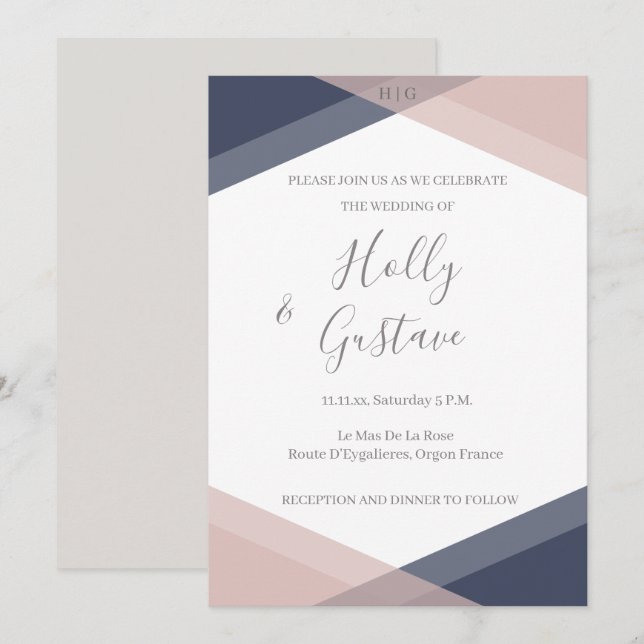 Invitation Monogramme géométrique Blush Marine Mariage modern (Devant / Derrière)