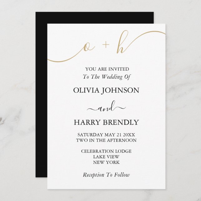 Invitation Monogramme Gold Black White (Devant / Derrière)
