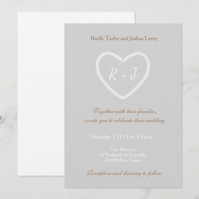Invitation Monogramme Gris Blanc Or Coeur en forme de Mariage (Devant / Derrière)