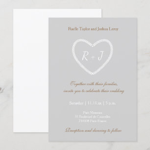 Invitation Monogramme Gris Blanc Or Coeur en forme de Mariage