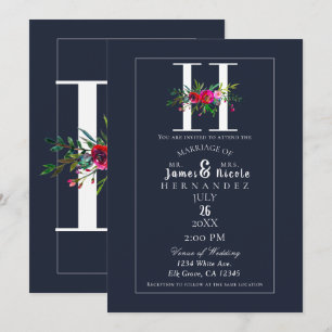 Invitation Monogramme H Initiale Moderne Fleurs Bleues Mariag