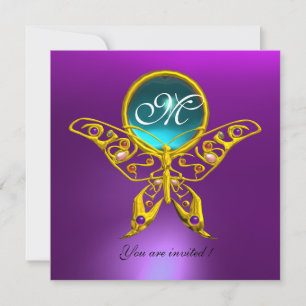 Invitation MONOGRAMME HYPER BUTTERFLY, violet, bleu, aquamari