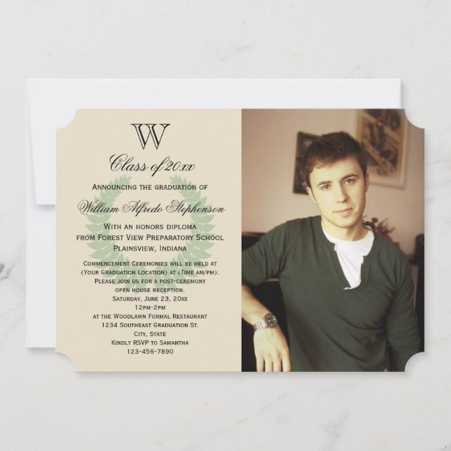 Invitation Monogramme initial unique - Graduation photo verte (Devant)