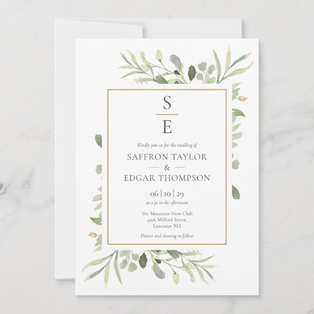 Invitation Monogramme Initiales Mariage de feuillage vert (Devant)