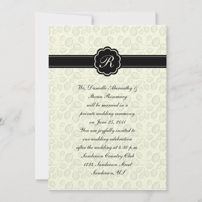 Invitation Monogramme ivoire et feuilles noires Cele Mariage (Devant)
