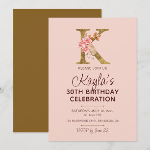 Invitation Monogramme K Or Lettre K Fleurs Roses Blush Rose
