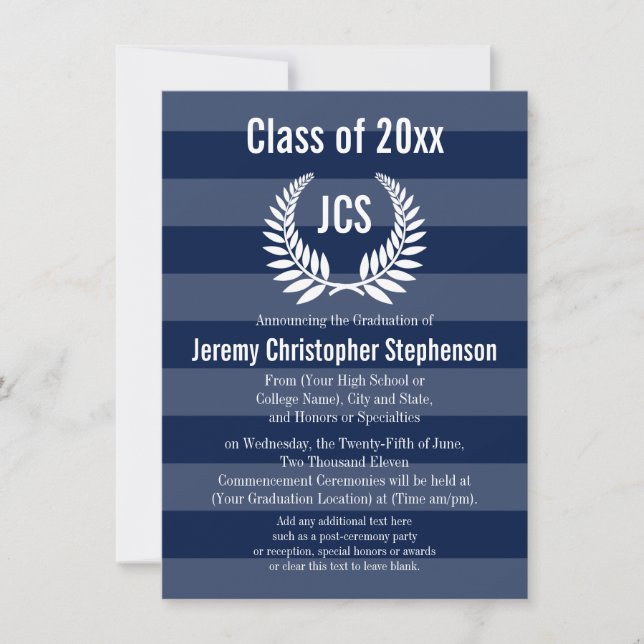Invitation Monogramme Laurel Masculine Blue Graduation (Devant)