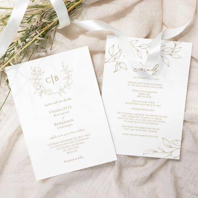 Invitation Monogramme Mariage classique de verdure or tout en (Créateur téléchargé)
