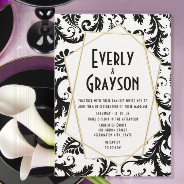 Invitation Monogramme Mariage damassé noir et blanc (Créateur téléchargé)