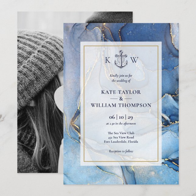 Invitation Monogramme Mariage de l'agate d'or bleu marine (Devant / Derrière)