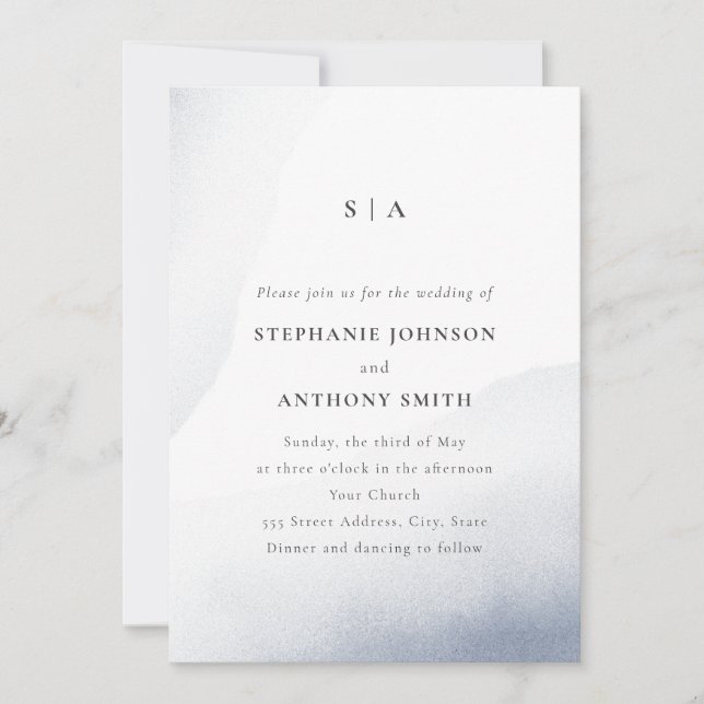 Invitation Monogramme Mariage de lavage couleur bleu-dusté (Devant)