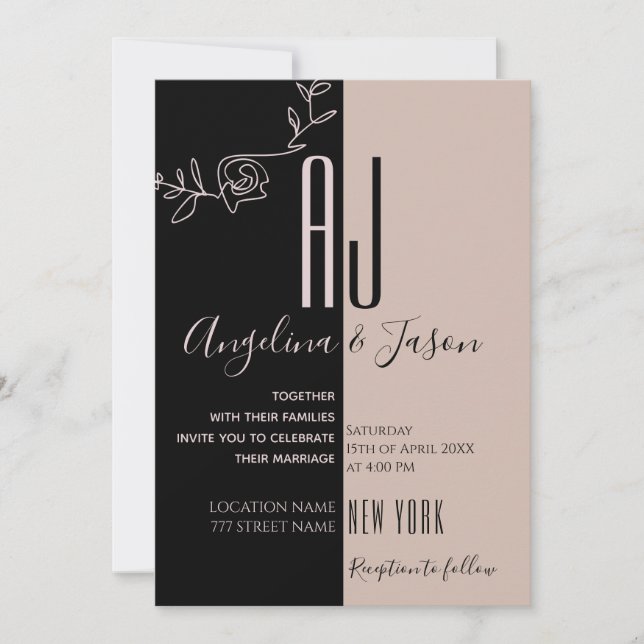 Invitation Monogramme Mariage rose et noir (Devant)