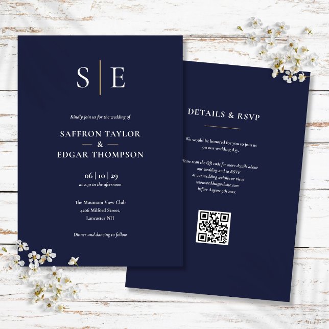 Invitation Monogramme Marine Bleu Et Or Code QR Mariage (Monogram Navy Blue And Gold QR Code Wedding Invitation)