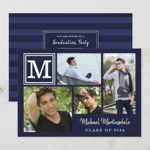 Invitation Monogramme Marine Bleue 4-Photo Graduation Party