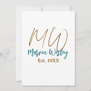 Invitation Monogramme marron bleu turquoise année simple mini
