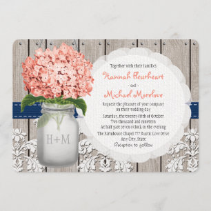 Invitation Monogramme Mason Jar Coral Navy Hydrangea Mariage