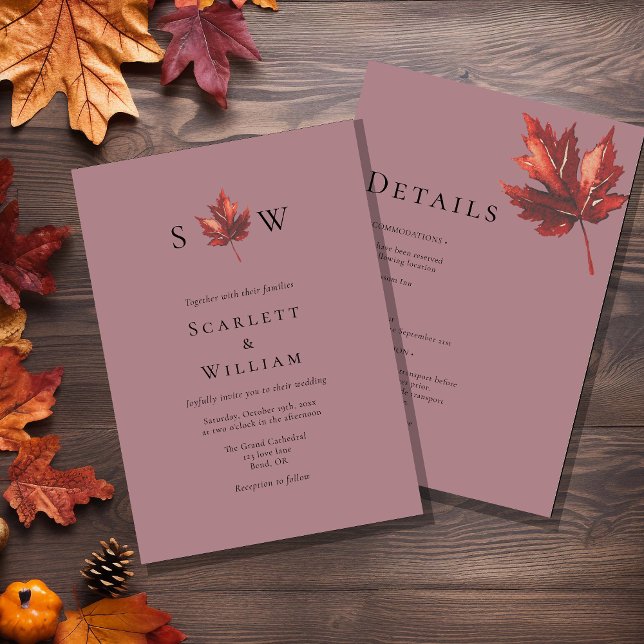 Invitation Monogramme Mauve Feuille Automne Simple Tout en un (Créateur téléchargé)