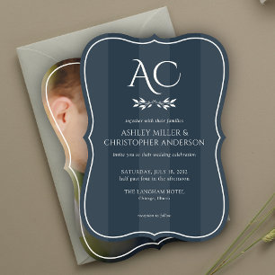 Invitation Monogramme minimal Indigo Mariage photo bleu rayé