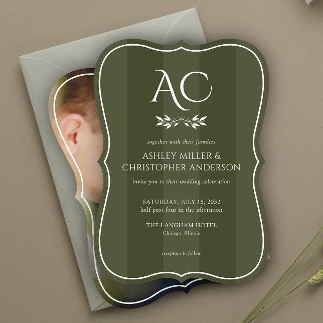 Invitation Monogramme minimal Mariage photo vert d'olive rayé (Créateur téléchargé)