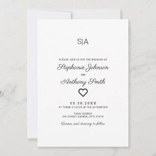 Invitation Monogramme minimaliste Mariage de coeur noir et bl