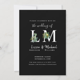 Invitation Monogramme minimaliste simple Cactus noir Mariage 