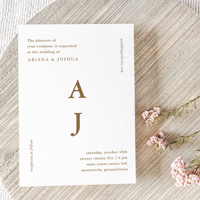 Invitation Monogramme minimum Brown Mariage  doré (Créateur téléchargé)