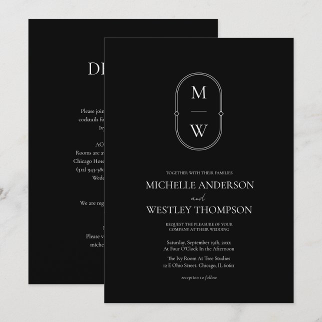 Invitation Monogramme minimum noir et blanc tout en un Mariag (Devant / Derrière)